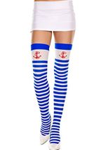 Anchor Print Opaque Thigh Highs With Blue White Stripes