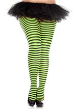 Adult Women Plus Size Black And Neon Green Opaque Striped Tights
