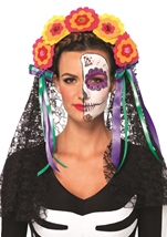 Day Of The Dead Flower Headband With Lace Veil