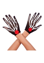 Skeleton And Rose Print Fishnet Gloves Black