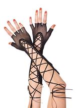 Lace Up Fishnet Woman Arm Warmer Black