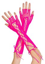 Lace Up Fishnet Woman Arm Warmer Hot Pink