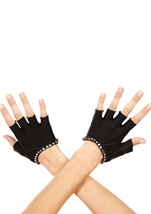 Faux Rhinestones Trim Fingerless Gloves Black