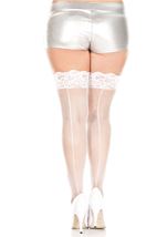 Plus Size Women Backseam Fishnet Thigh High With Lace Top White