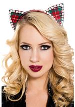 Pearl Cat Ear Headband Plaid & White