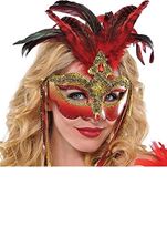 Luxe Venetian Red Feather Masquerade Mask 