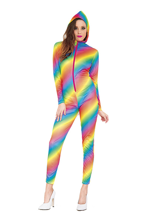 Adult Rainbow Hooded Woman Bodysuit, $33.99