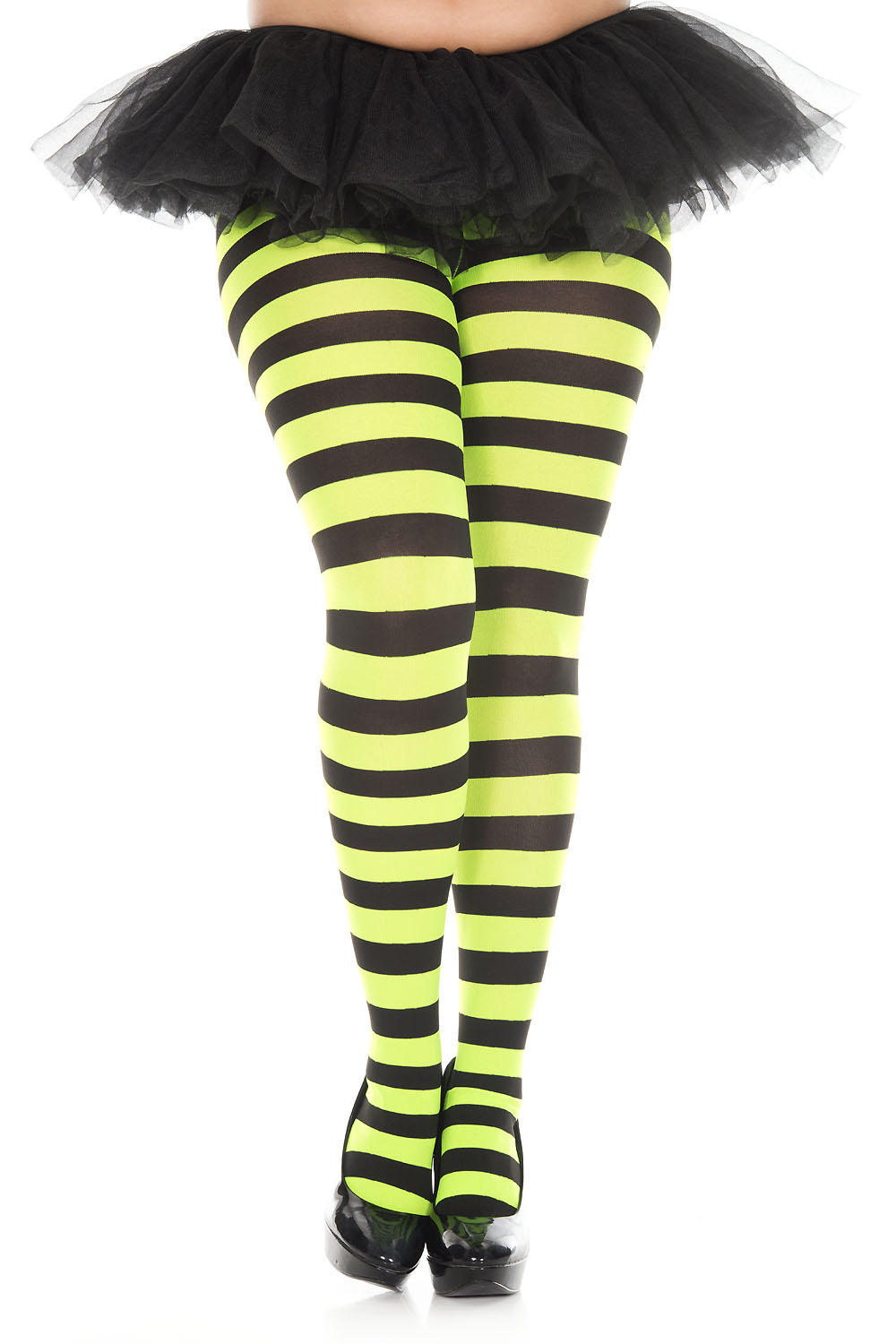 Adult Plus Size Black And Neon Green Wide Striped Women Tights