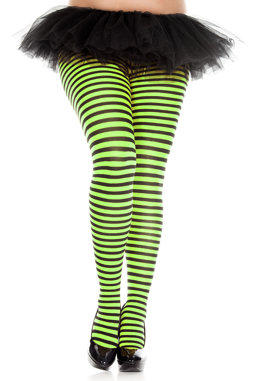 Adult Women Plus Size Black And Neon Green Opaque Striped Tights