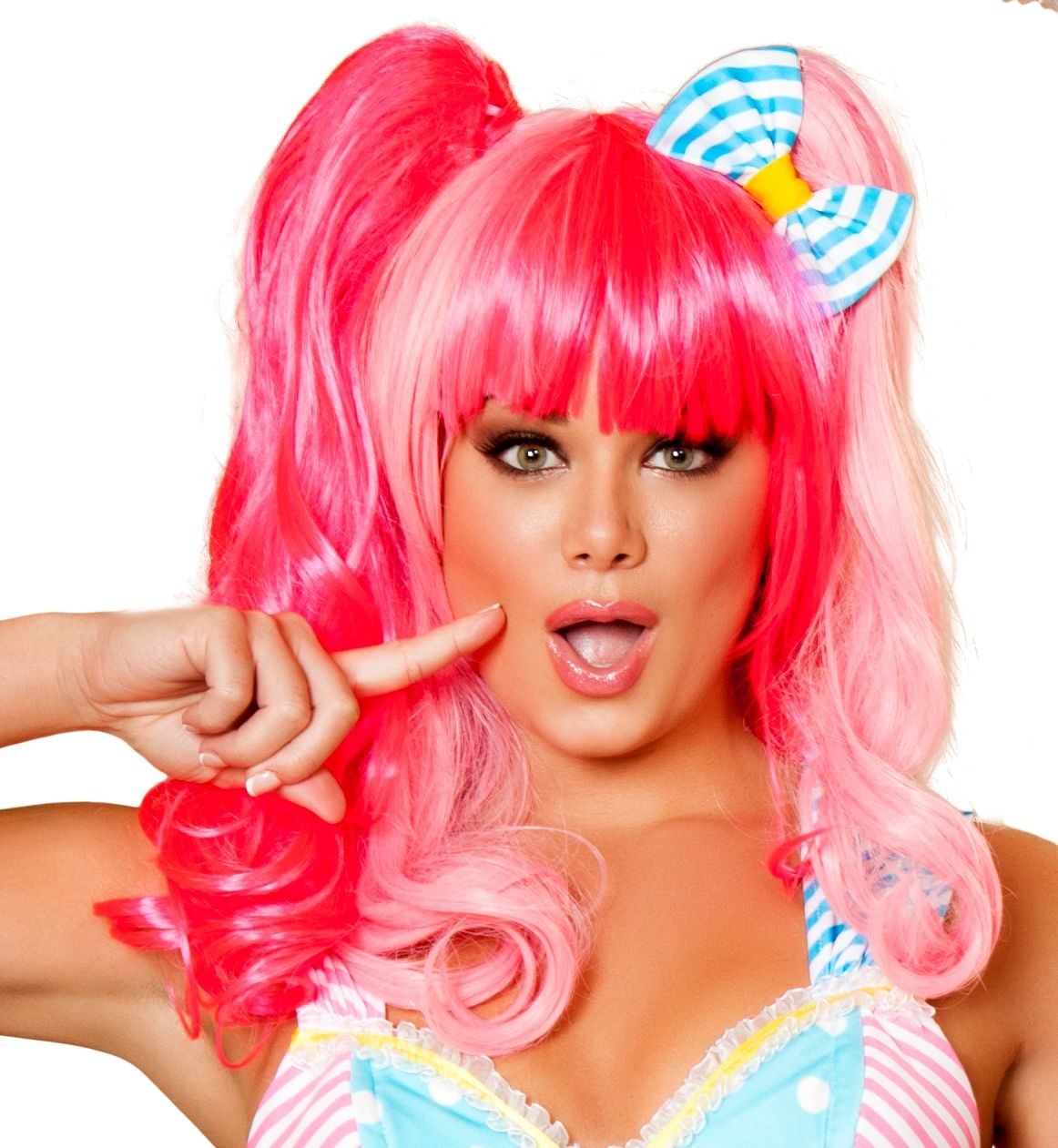 Adult Pink Women Candy Wig With Bow | $45.99 | The Costume ...